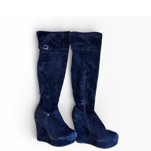 Vintage Bamboo Black Suede Wedge Knee High Boots Side Zip Buckle Detail Women